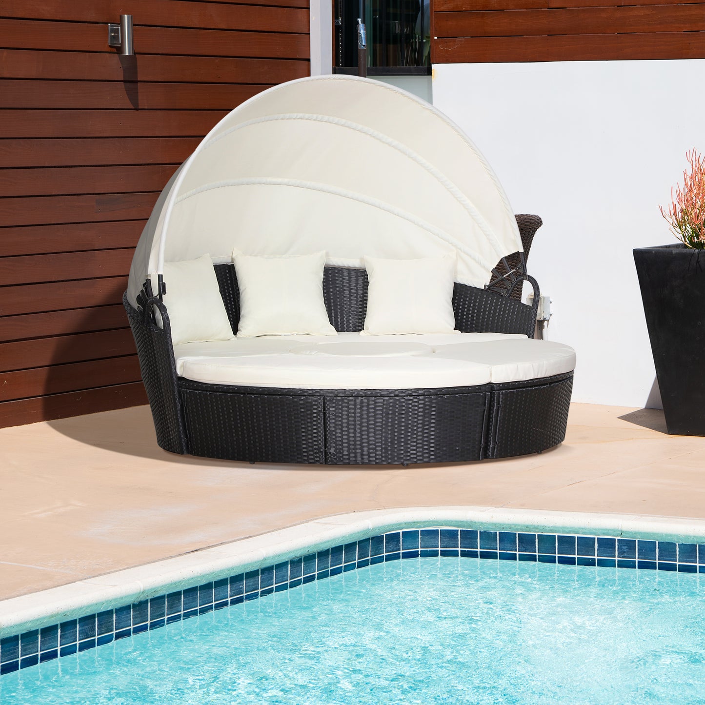 Five-Piece Rattan Garden Bed, With Canopy - Black/White