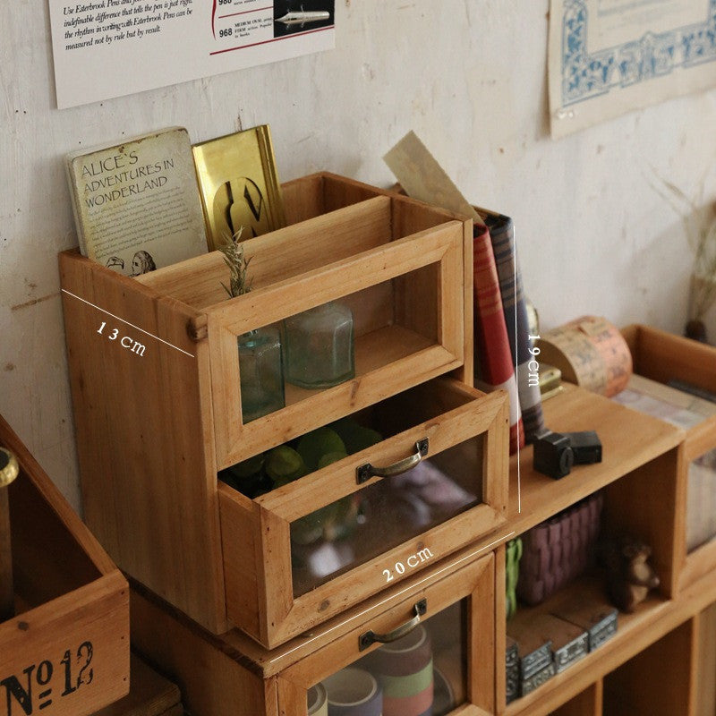 Office Desktop Wooden Storage Box Glass Drawer Pen Holder Sundries Box