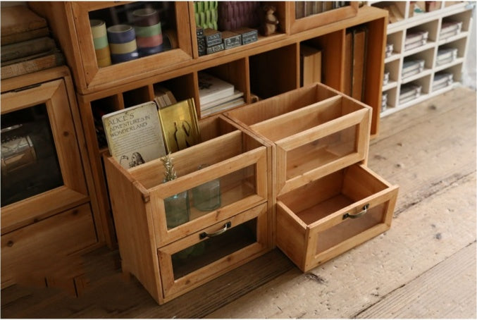 Office Desktop Wooden Storage Box Glass Drawer Pen Holder Sundries Box