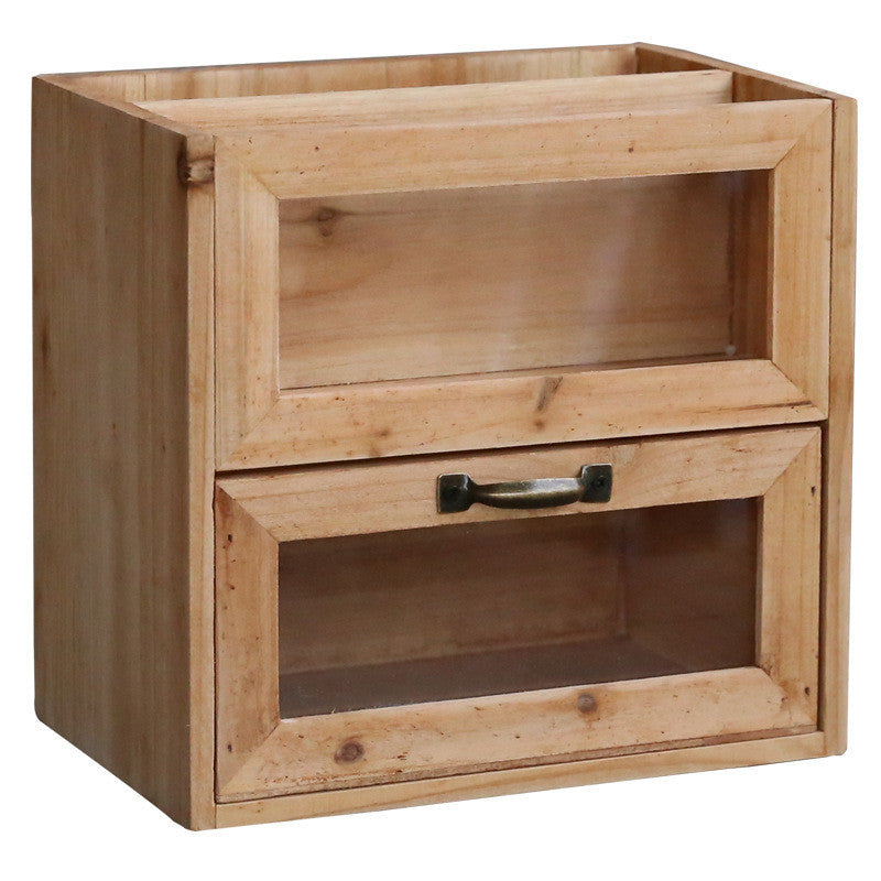 Office Desktop Wooden Storage Box Glass Drawer Pen Holder Sundries Box