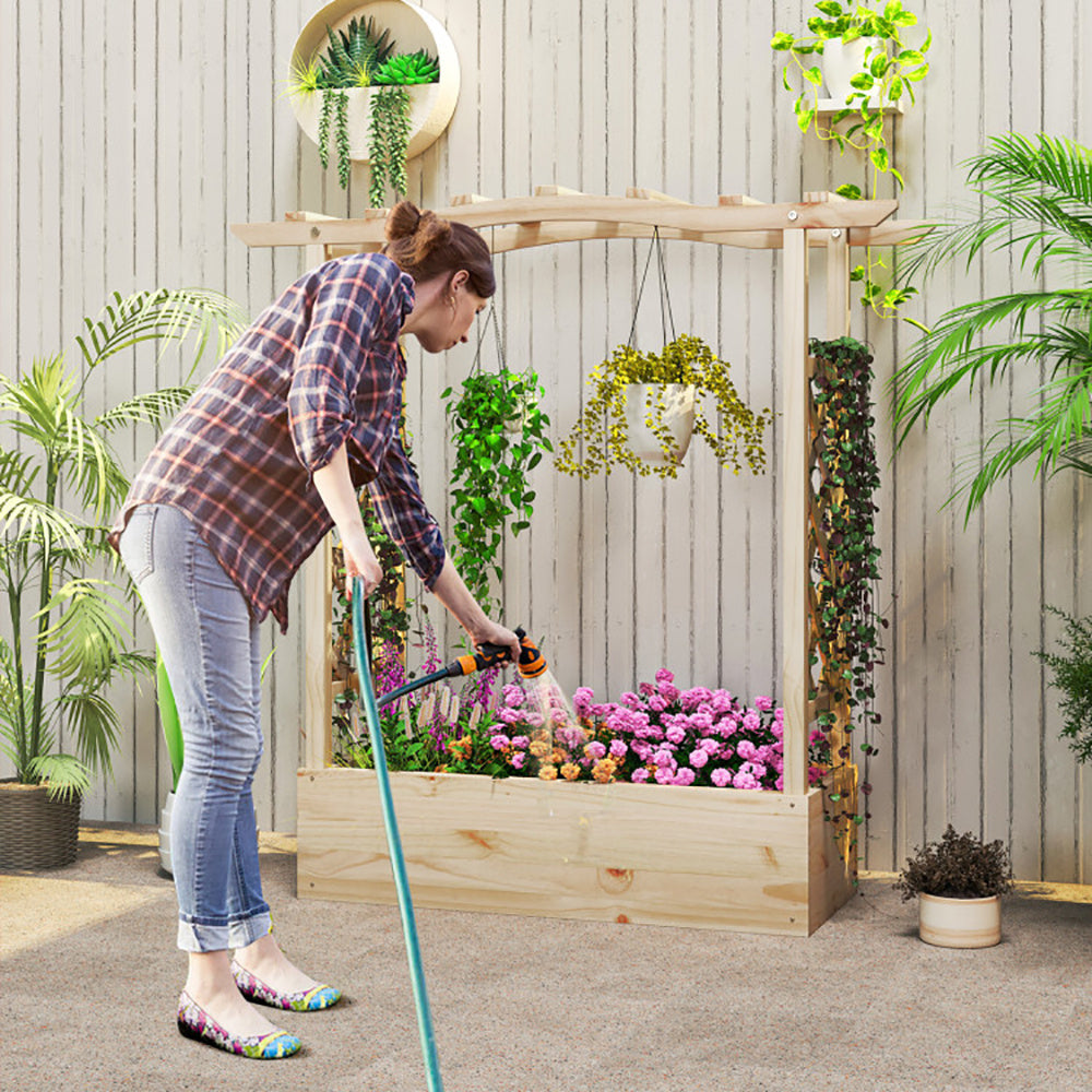 Wooden Raised Garden Bed Planter Box With Trellis And Hanging Roof
