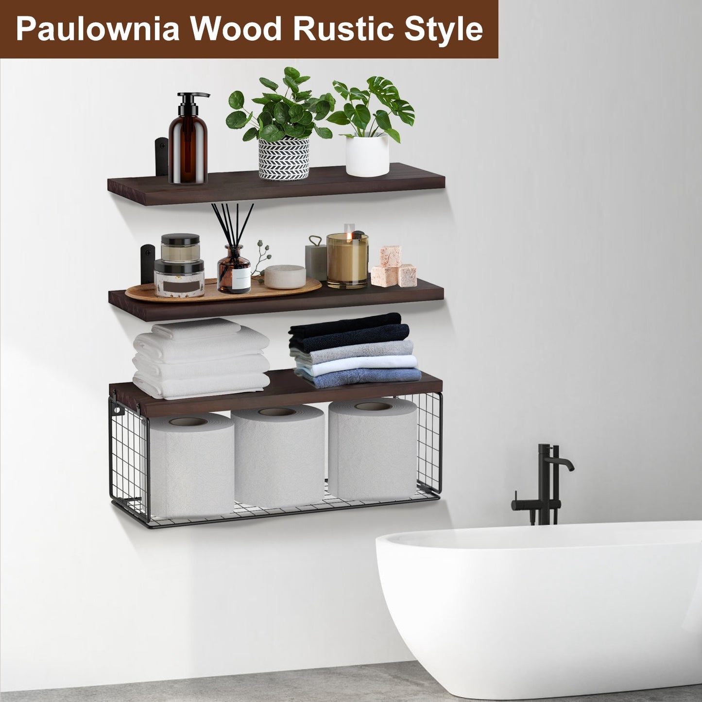 2 In 1 Floating Shelves Wall Mounted With Storage Basket Bathroom Shelves Over Toilet Wooden Shelves For Bedroom Living Room Kitchen Office Wall Decor Plants