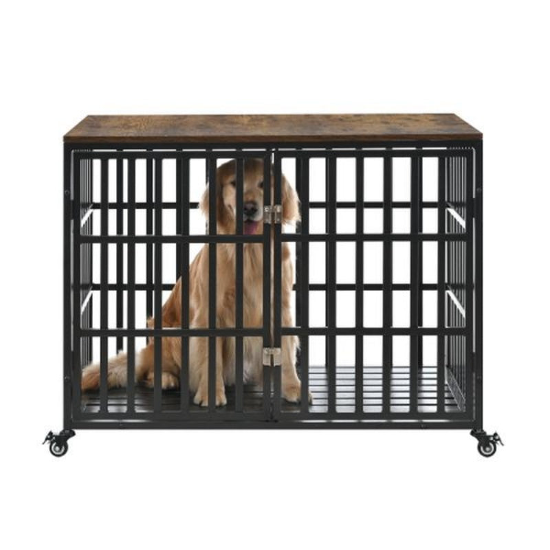 Heavy Duty Wooden Dog Cage For Large And Medium Dogs Furniture Style Indoor Pet Cage With Wheels And Lock