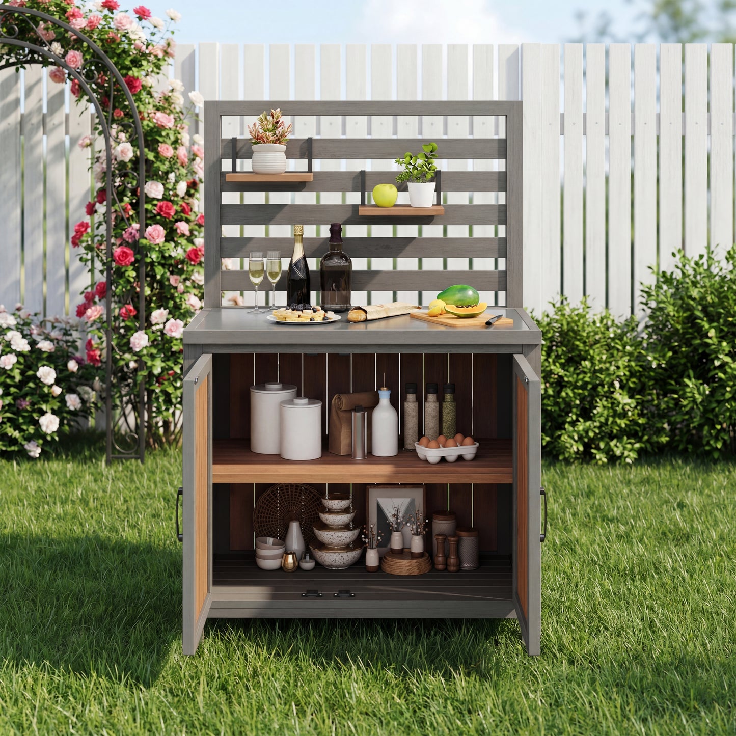 Weatherproof Wooden Garden Cabinet Tool Shed With Stainless Steel Worktop, Grill Station With Adjustable Shelves And Storage Compartments, Kitchen Cabinet For Patio, Balcony, Garden