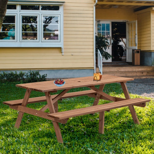 8 Person Brown Wooden Picnic Table, Outdoor Camping Dining Table With 2 Seats, Garden, DIY With 2 Built-in Benches, 2220lb Capacity