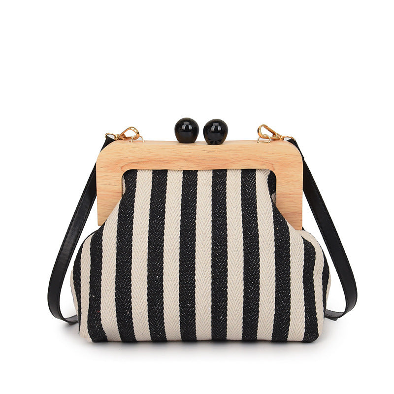 New Striped Canvas Wooden Clip-mouth Clutch