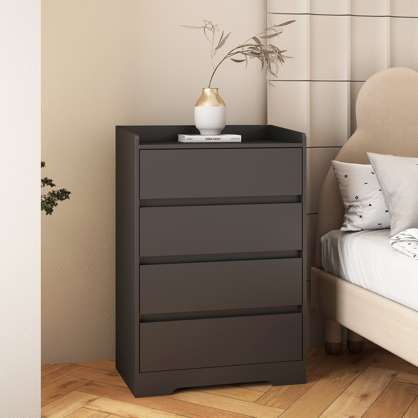 4 Drawer Dresser, Chest Of Drawers Without Handle,Black Dresser For Bedroom Waterproof, Modern Wooden Cabinet With Sturdy Frame For Living Room, Entryway, Bedroom, Hallway, Office