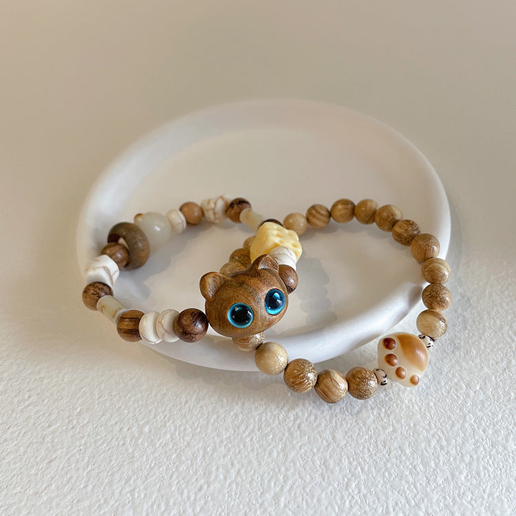 Niche Design Sense Wooden Little Meow Bracelet Female French Retro Personality