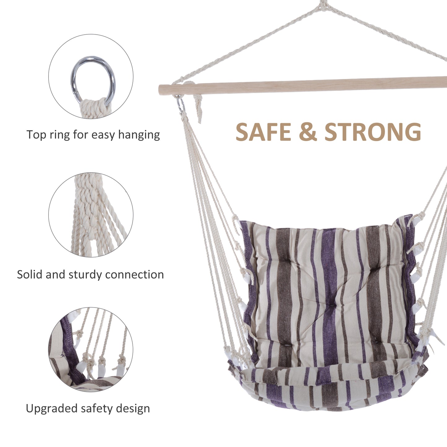 Outdoor Hanging Rope Chair With Soft Padded Seat & Backrest, Garden Hammock Chair With Wooden Support Bar Cotton Cloth, Portable Garden Chair For Patio & Tree, Brown