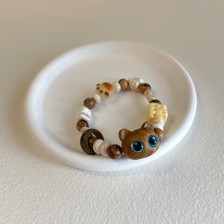 Niche Design Sense Wooden Little Meow Bracelet Female French Retro Personality