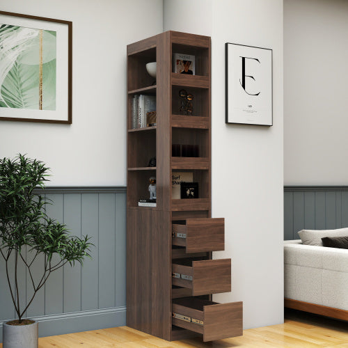 70.87 H Display Storage Cabinet , 4-Tier Shelf, 3 Side Drawers & 4 Small Display Shelves , Modern Wooden Tall Bookshelf Bookcase For Living Room Home Office