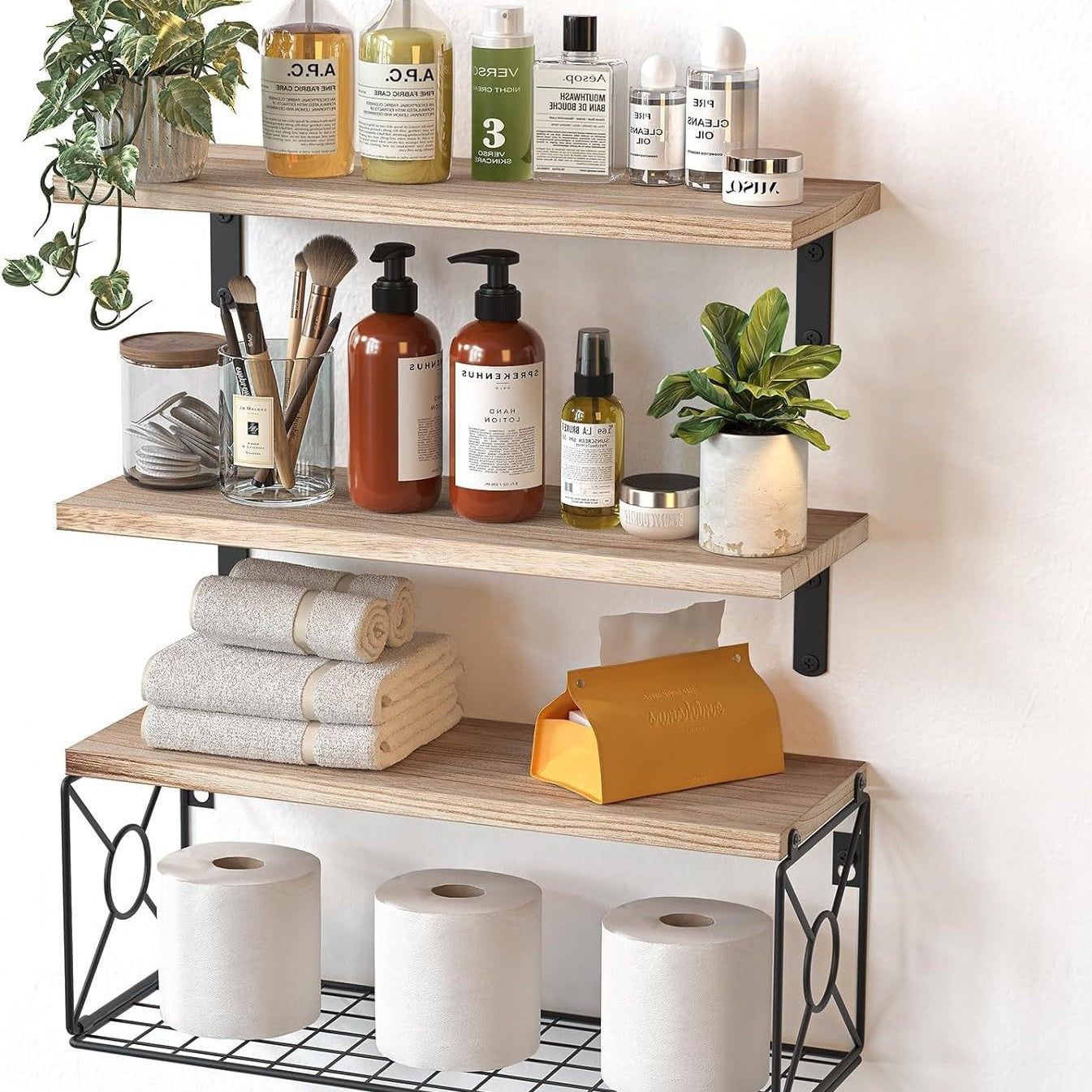 Wall-mounted Floating Rack With Storage Basket Wooden Bathroom Shelf