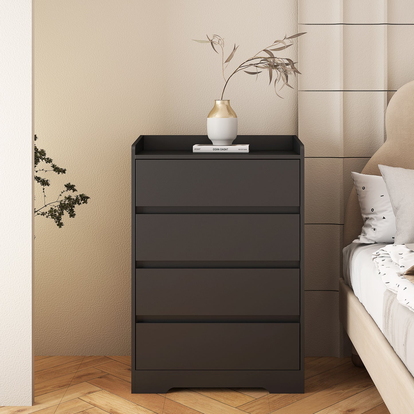 4 Drawer Dresser, Chest Of Drawers Without Handle,Black Dresser For Bedroom Waterproof, Modern Wooden Cabinet With Sturdy Frame For Living Room, Entryway, Bedroom, Hallway, Office