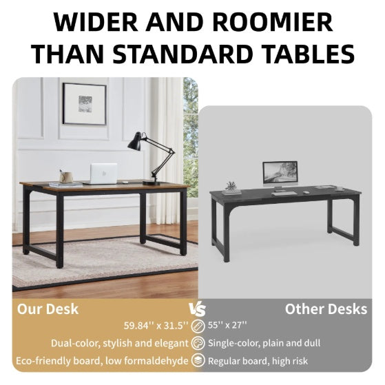 Computer Desk Large Office Desk, 59.8 Inch 70.9 Inch Gaming Desk Writing Desk Work Desk For Home Office, Study, Modern Simple Wooden Desk, Large Legroom, Metal Frame, Rustic Black