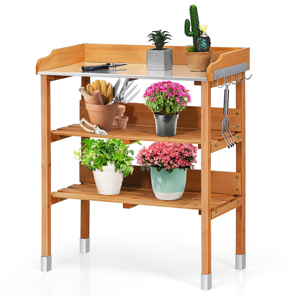 Garden Wooden Potting Bench Work Station With Hook