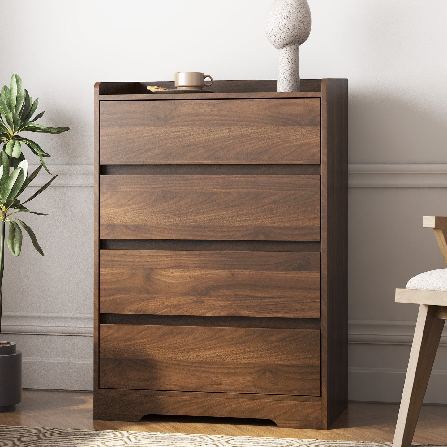 4 Drawer Dresser, Chest Of Drawers Without Handle,Dresser For Bedroom Waterproof, Modern Wooden Cabinet With Sturdy Frame For Living Room, Entryway, Bedroom, Hallway, Office