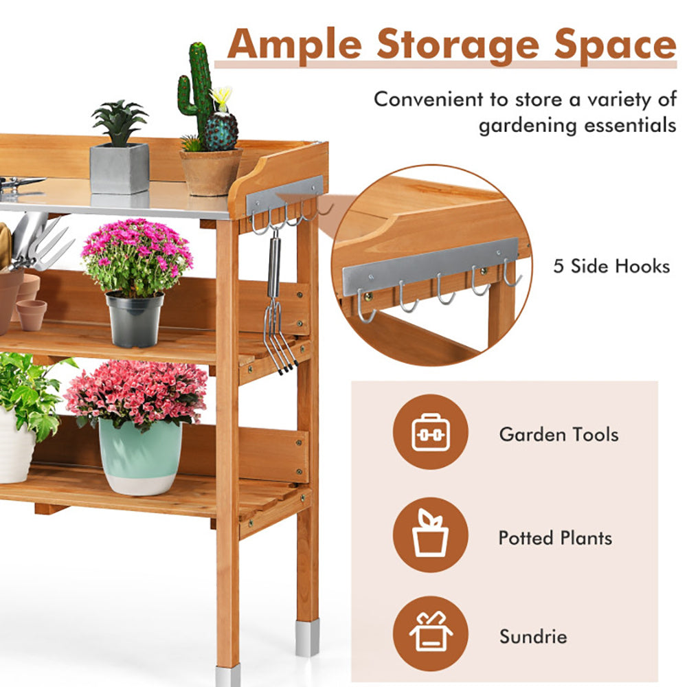 Garden Wooden Potting Bench Work Station With Hook