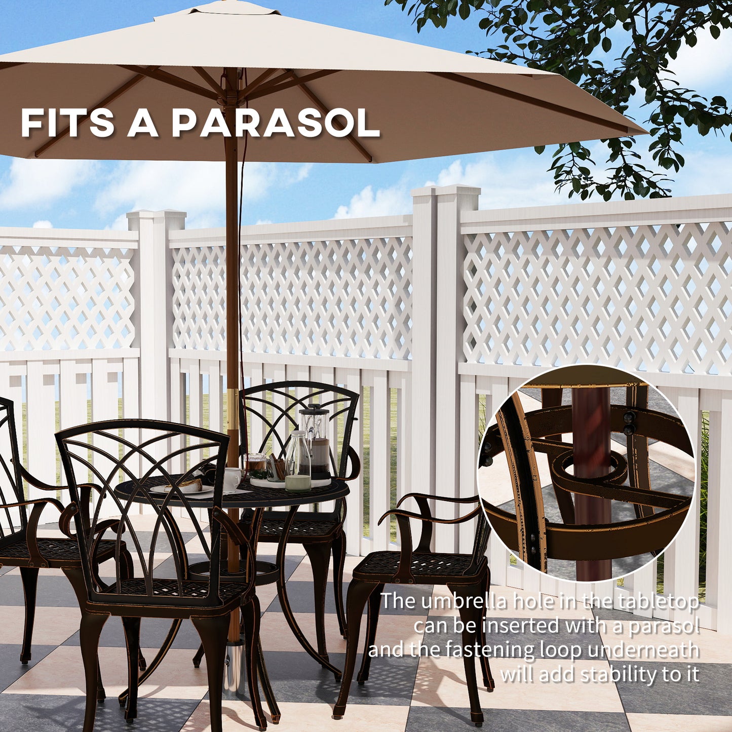 5 Pieces Garden Dining Set For 4, Cast Aluminium Outdoor Dining Set With 4 Armchairs And Round Dining Table With Parasol Hole, Garden Furniture Set, Bronze Tone