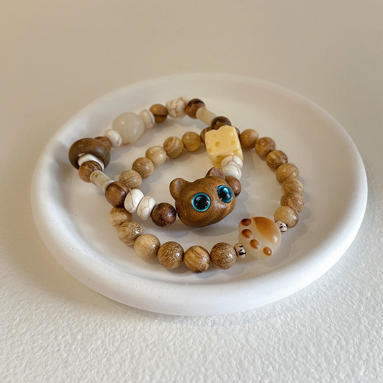 Niche Design Sense Wooden Little Meow Bracelet Female French Retro Personality