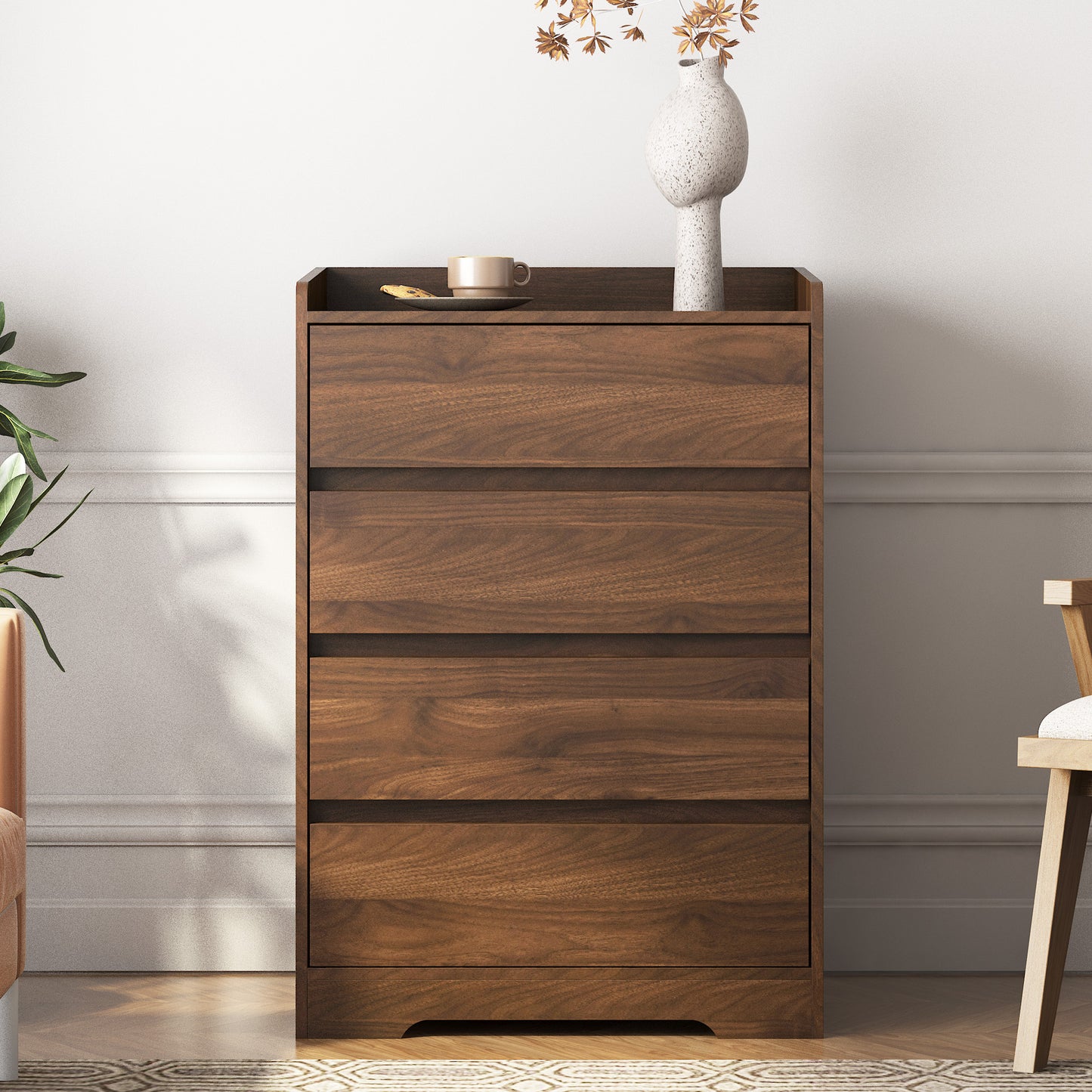 4 Drawer Dresser, Chest Of Drawers Without Handle,Dresser For Bedroom Waterproof, Modern Wooden Cabinet With Sturdy Frame For Living Room, Entryway, Bedroom, Hallway, Office
