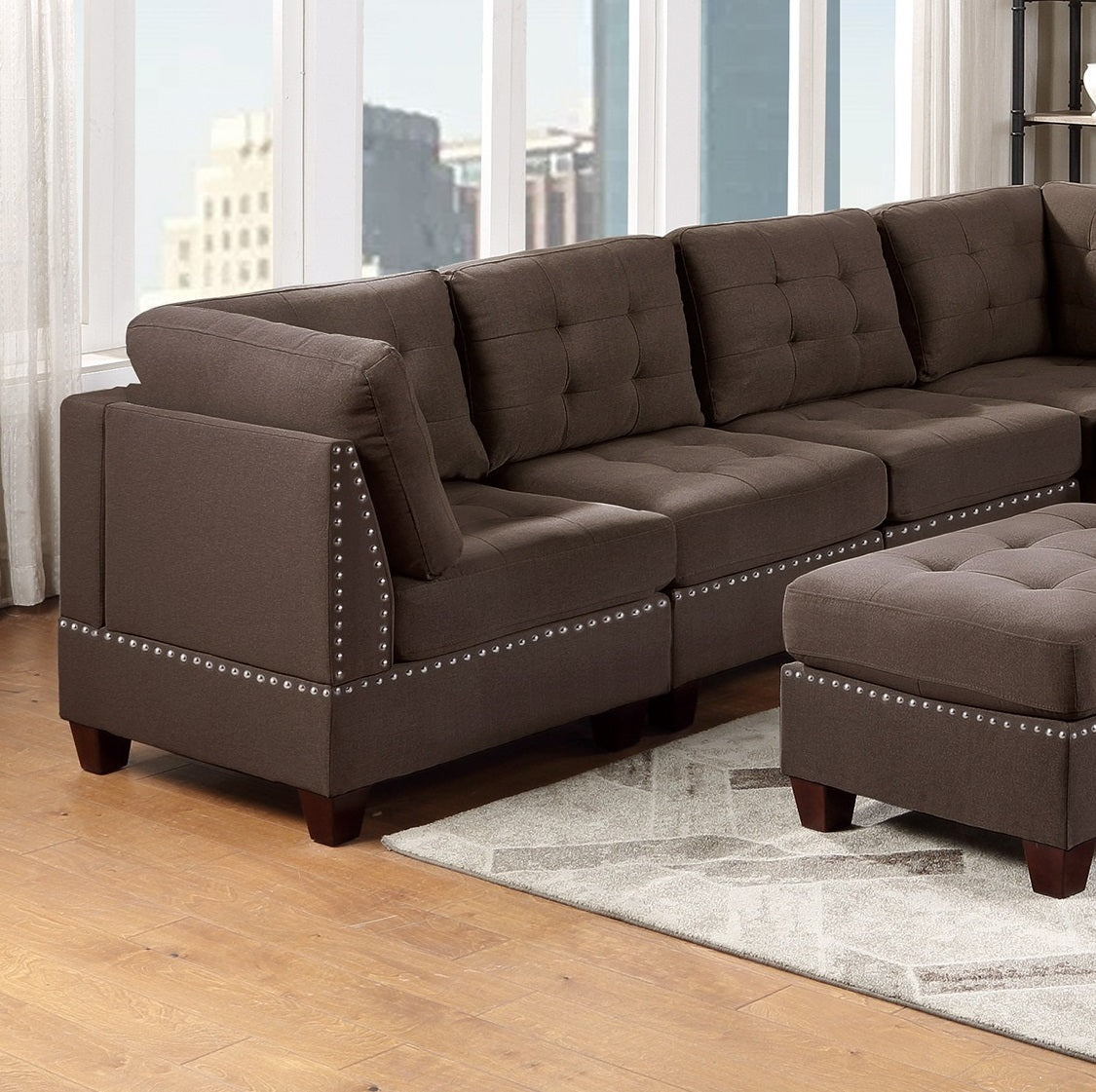 Living Room Furniture Tufted Armless Chair Black Coffee Linen Like Fabric 1pc Armless Chair Cushion Nail Heads Wooden Legs