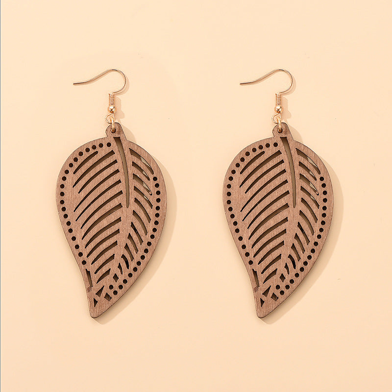 Wood Earrings Hollow Leaf Shape Exaggerated Sweet