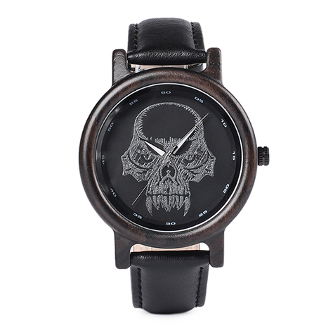 BOBO BIRD P24 Unisex Bamboo Wood Watch Halloween Skull Feature Design Mysterious Quartz Wristwatch with Skull Custom on Glass