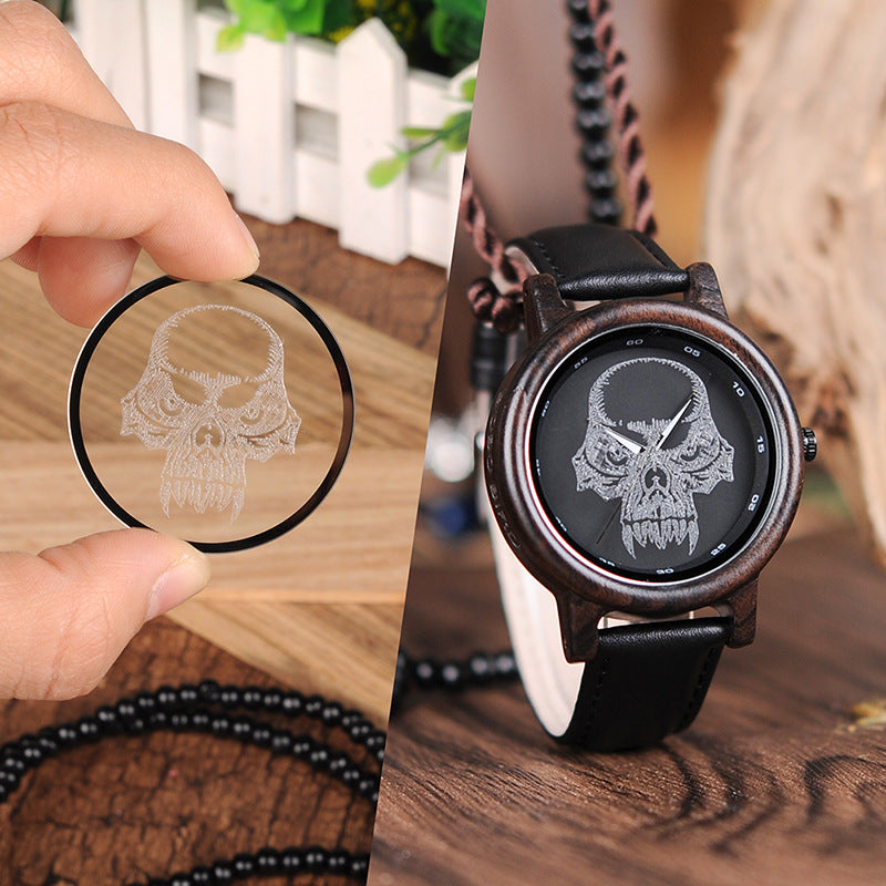 BOBO BIRD P24 Unisex Bamboo Wood Watch Halloween Skull Feature Design Mysterious Quartz Wristwatch with Skull Custom on Glass