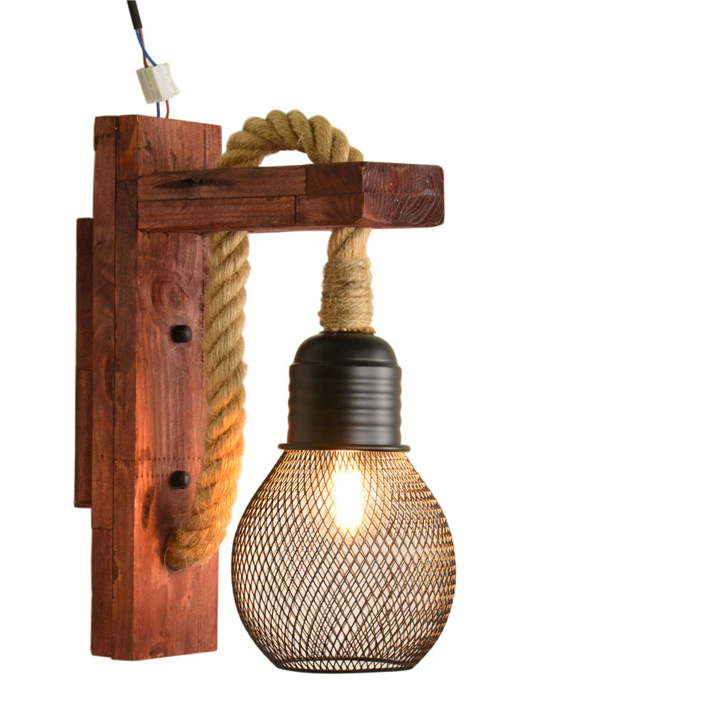 Industrial Wood Iron Hemp Rope Wall Lamp Creative Personality Lift Pulley Wall Lights