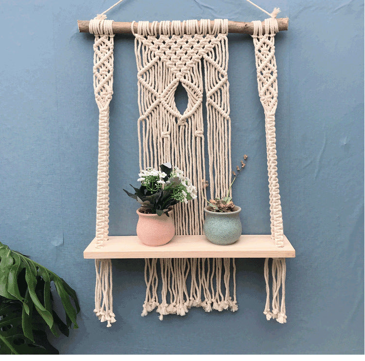 Simple Solid Wood Decoration On Woven Tapestry Shelf