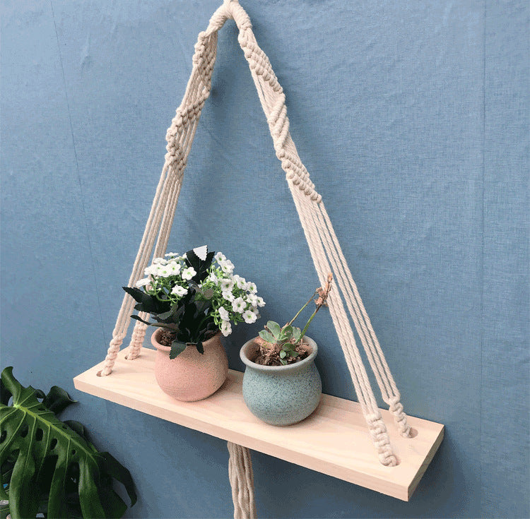 Simple Solid Wood Decoration On Woven Tapestry Shelf
