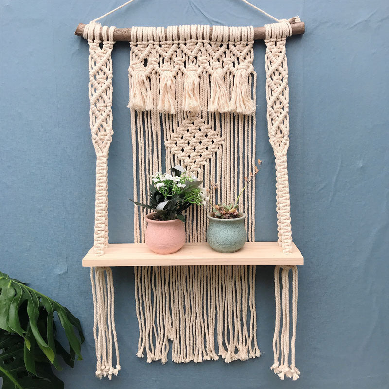Simple Solid Wood Decoration On Woven Tapestry Shelf