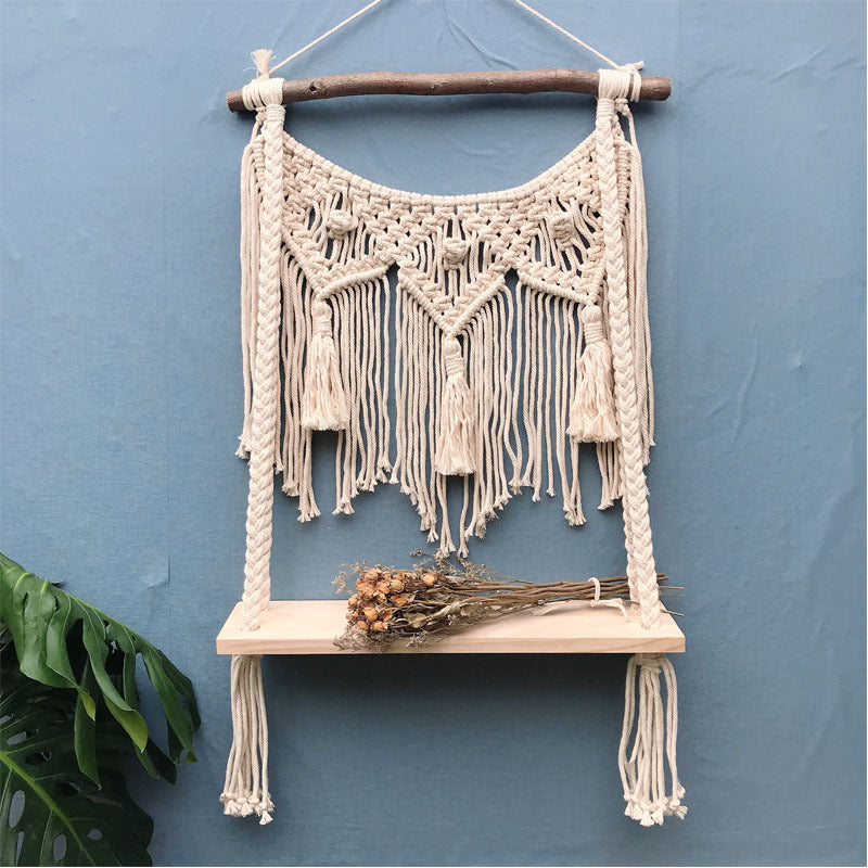 Simple Solid Wood Decoration On Woven Tapestry Shelf