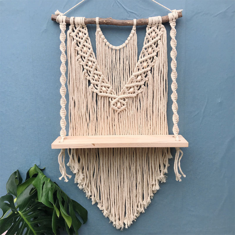 Simple Solid Wood Decoration On Woven Tapestry Shelf