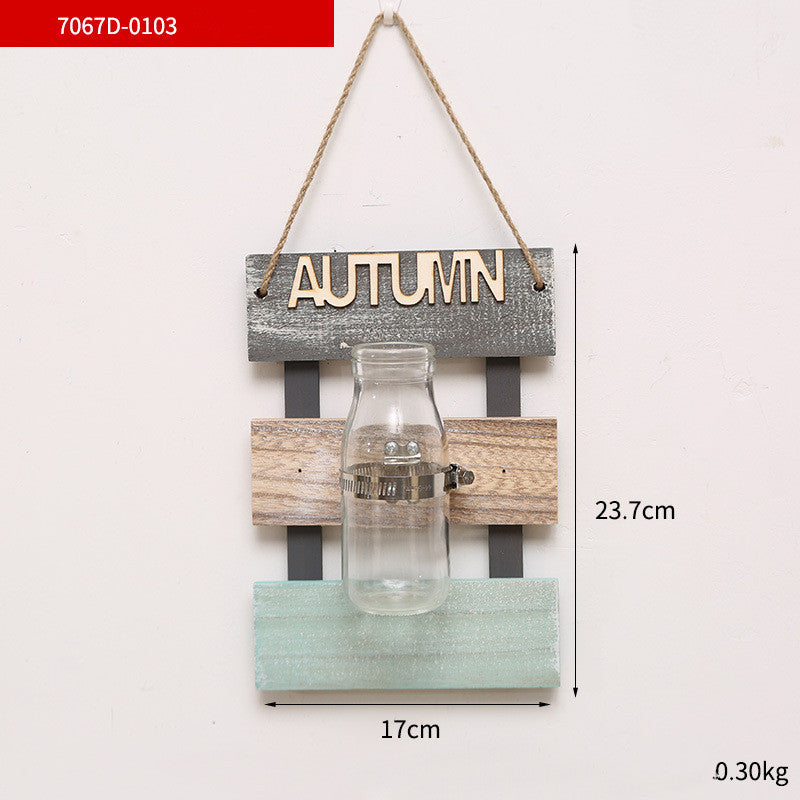 Creative Plant Glass Vase Pastoral Wall Hanging Wooden Flower Arrangement Light Decoration Living Dining Room Glass Vase Wood