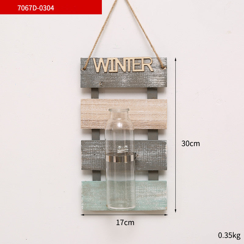 Creative Plant Glass Vase Pastoral Wall Hanging Wooden Flower Arrangement Light Decoration Living Dining Room Glass Vase Wood