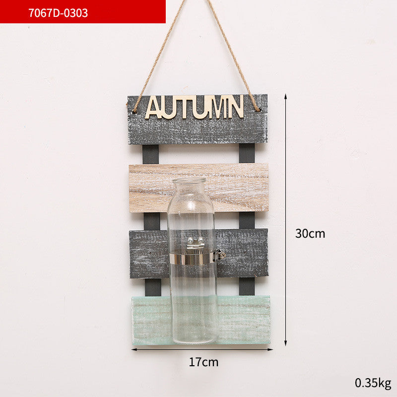 Creative Plant Glass Vase Pastoral Wall Hanging Wooden Flower Arrangement Light Decoration Living Dining Room Glass Vase Wood