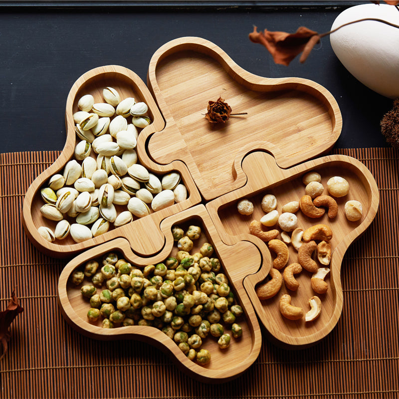 Flower And Wood Home Creative Puzzle Dry Fruit Snack Plate Fruit Plate Melon Seed Plate Japanese Multi-Functional Household Full Box Division