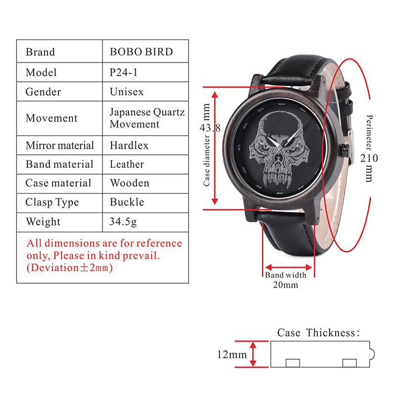 BOBO BIRD P24 Unisex Bamboo Wood Watch Halloween Skull Feature Design Mysterious Quartz Wristwatch with Skull Custom on Glass