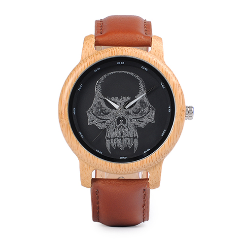 BOBO BIRD P24 Unisex Bamboo Wood Watch Halloween Skull Feature Design Mysterious Quartz Wristwatch with Skull Custom on Glass
