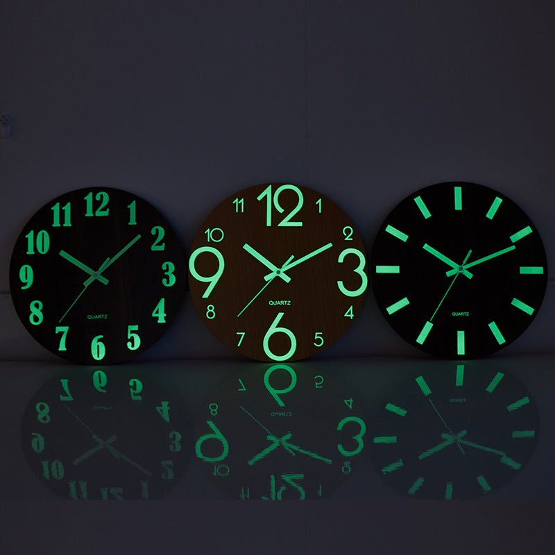 Night Light Silent Wood Grain Creative Wall Clock