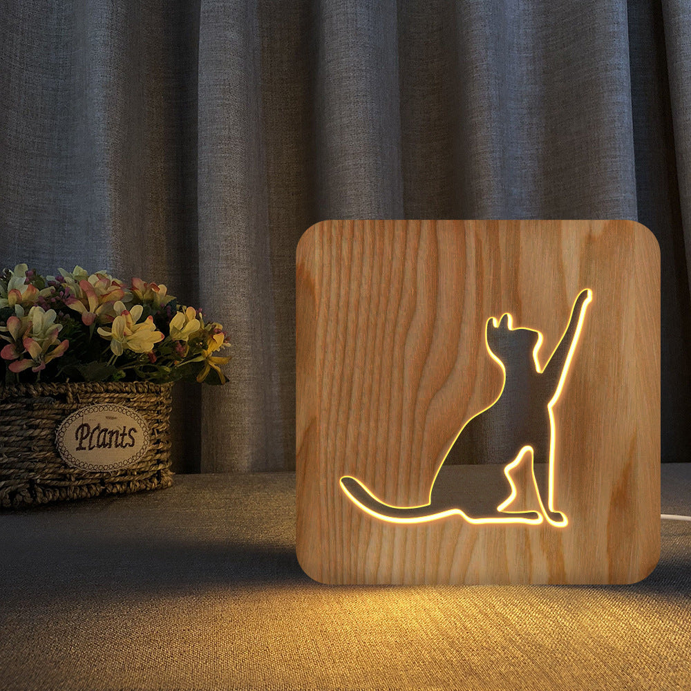 Animal Cat 3D Night Light Solid Wood Hollow