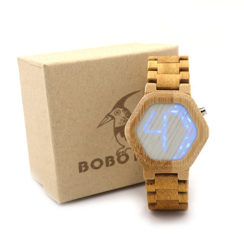 BOBO BIRD LED Bamboo Wood Watches Digital Watch Men Kisai Night Vision Calendar Wristwatch for Men Minimal Time Display C-eE03