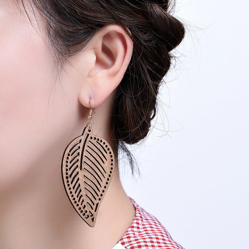 Wood Earrings Hollow Leaf Shape Exaggerated Sweet