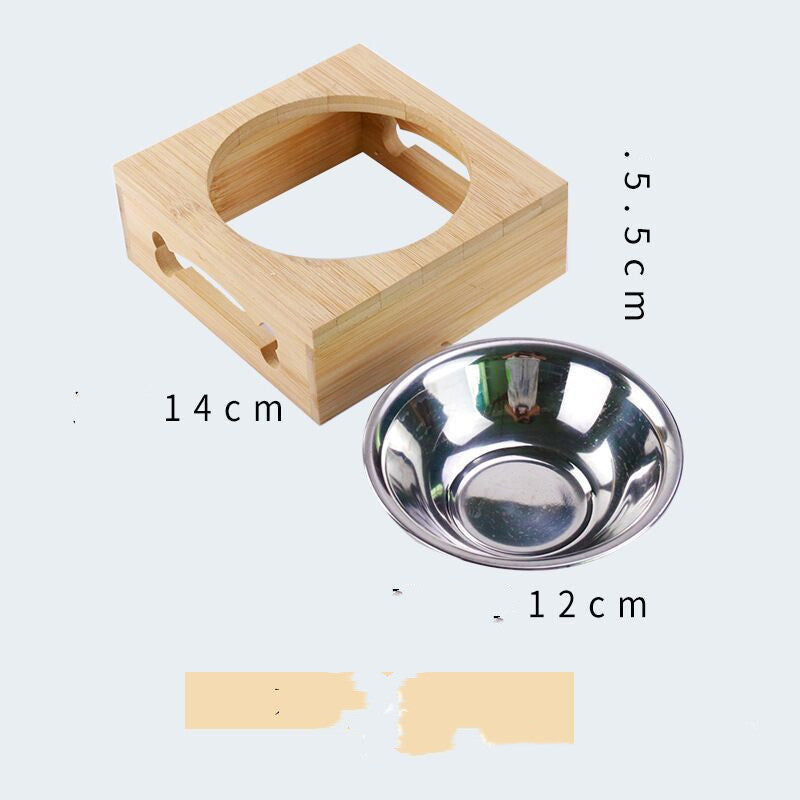 Pet Bamboo Cat Dog Solid Wood Single Bowl Stainless Steel Wooden Bowl Rack