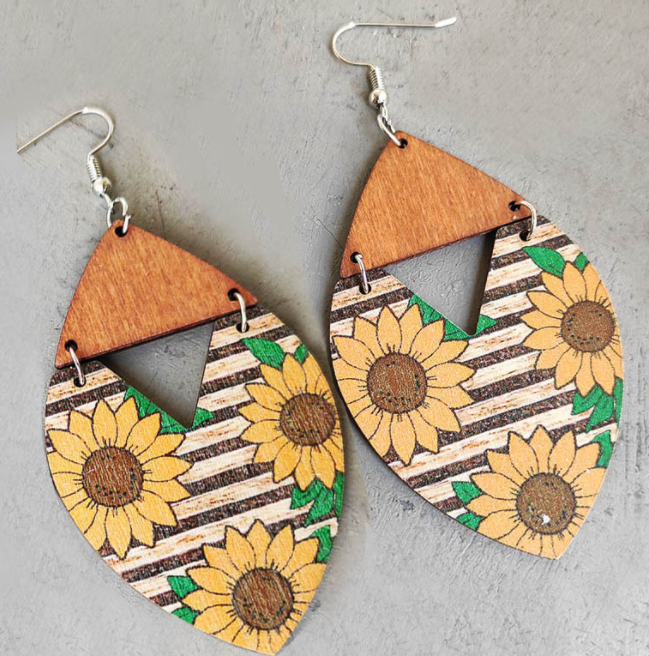 Bohemian Stripe Large Floral Patchwork Wood Earrings