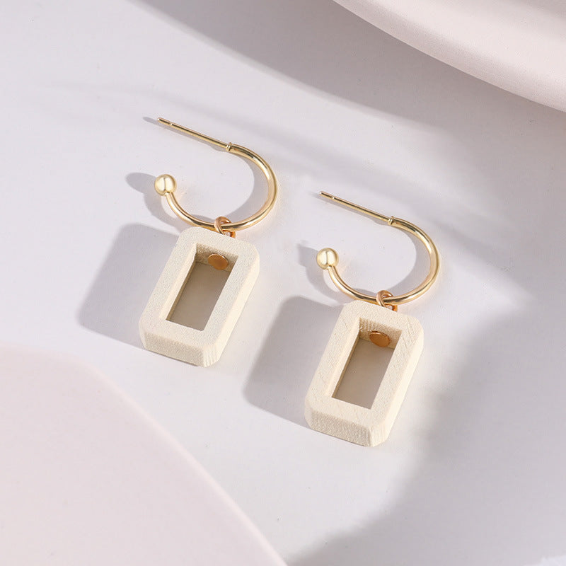 Temperament Long Earrings Female Wood Geometric Pendant