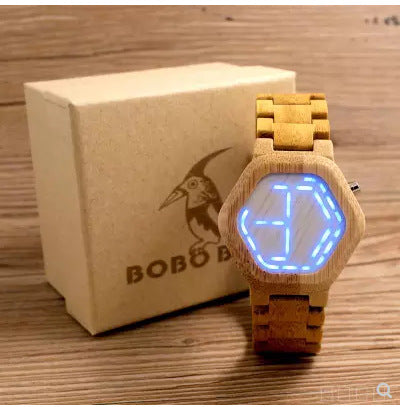 BOBO BIRD LED Bamboo Wood Watches Digital Watch Men Kisai Night Vision Calendar Wristwatch for Men Minimal Time Display C-eE03