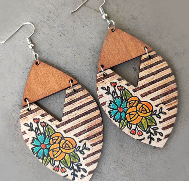 Bohemian Stripe Large Floral Patchwork Wood Earrings