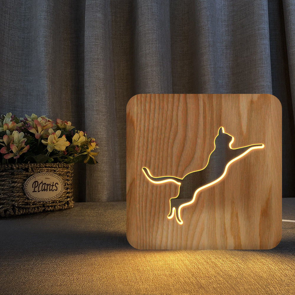 Animal Cat 3D Night Light Solid Wood Hollow
